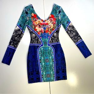WOW Couture Multi-Colored Artsy Floral Long Sleeves Bodycon Mini Party Dress S
